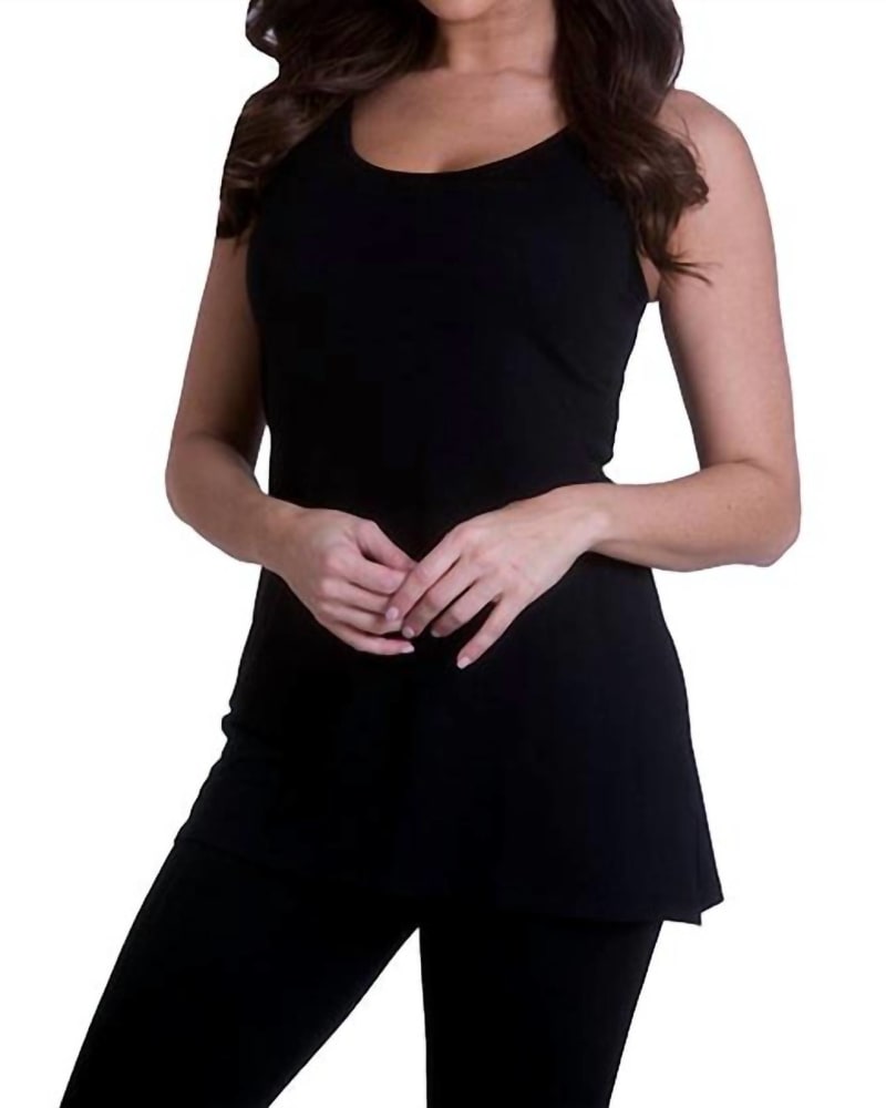 Front of a model wearing a size XL Viscose Tank Top in Black in Black by ANGEL. | dia_product_style_image_id:326917